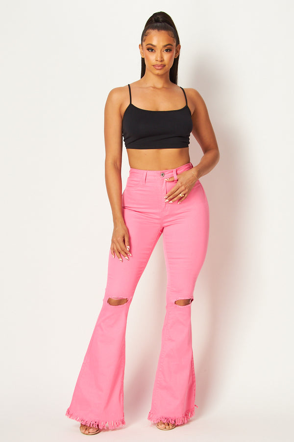 Super High Waisted Knee Slit Distressed Bell Bottoms - Pink